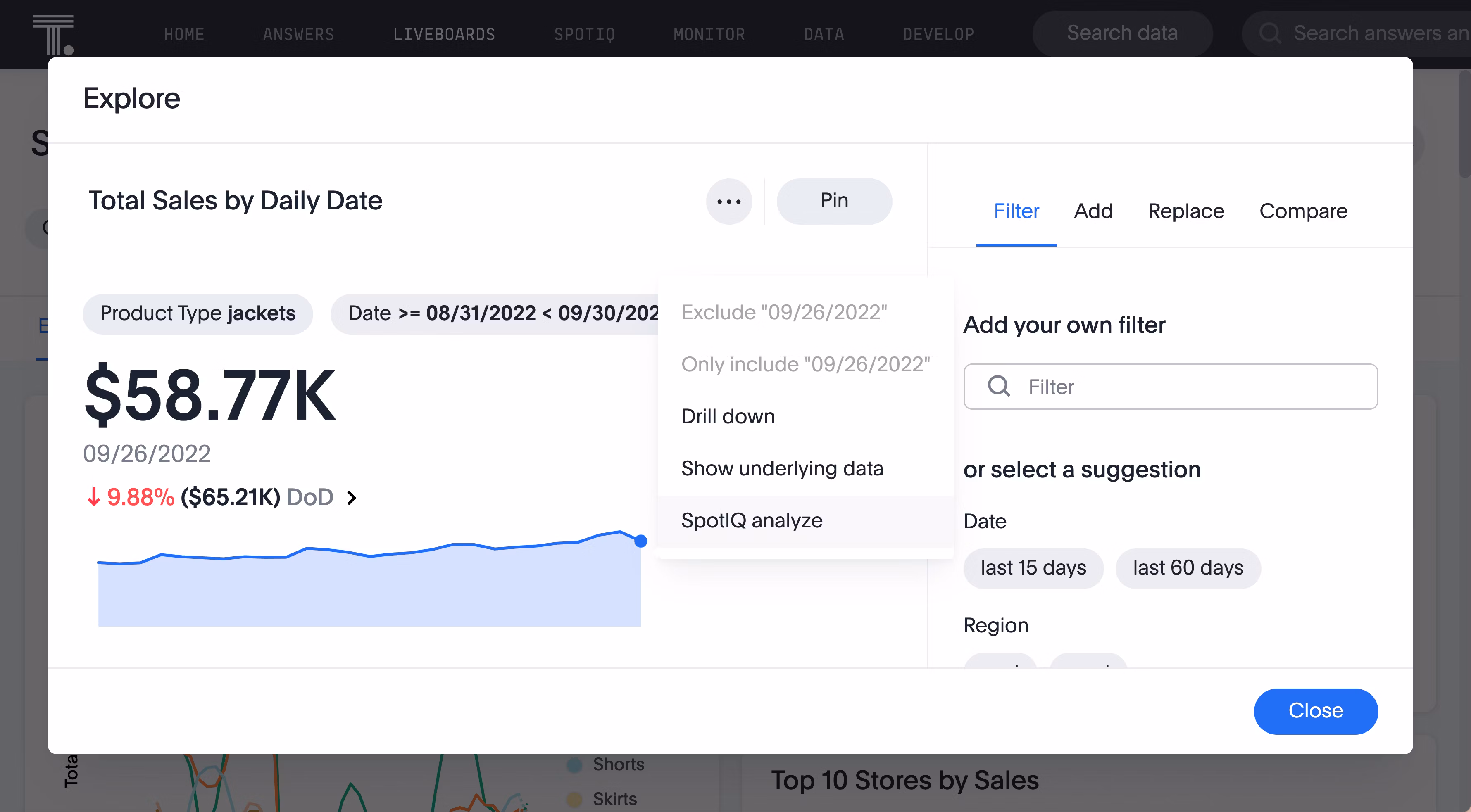 Someone using augmented analytices to analyze their total sales by daily date with spotiq.