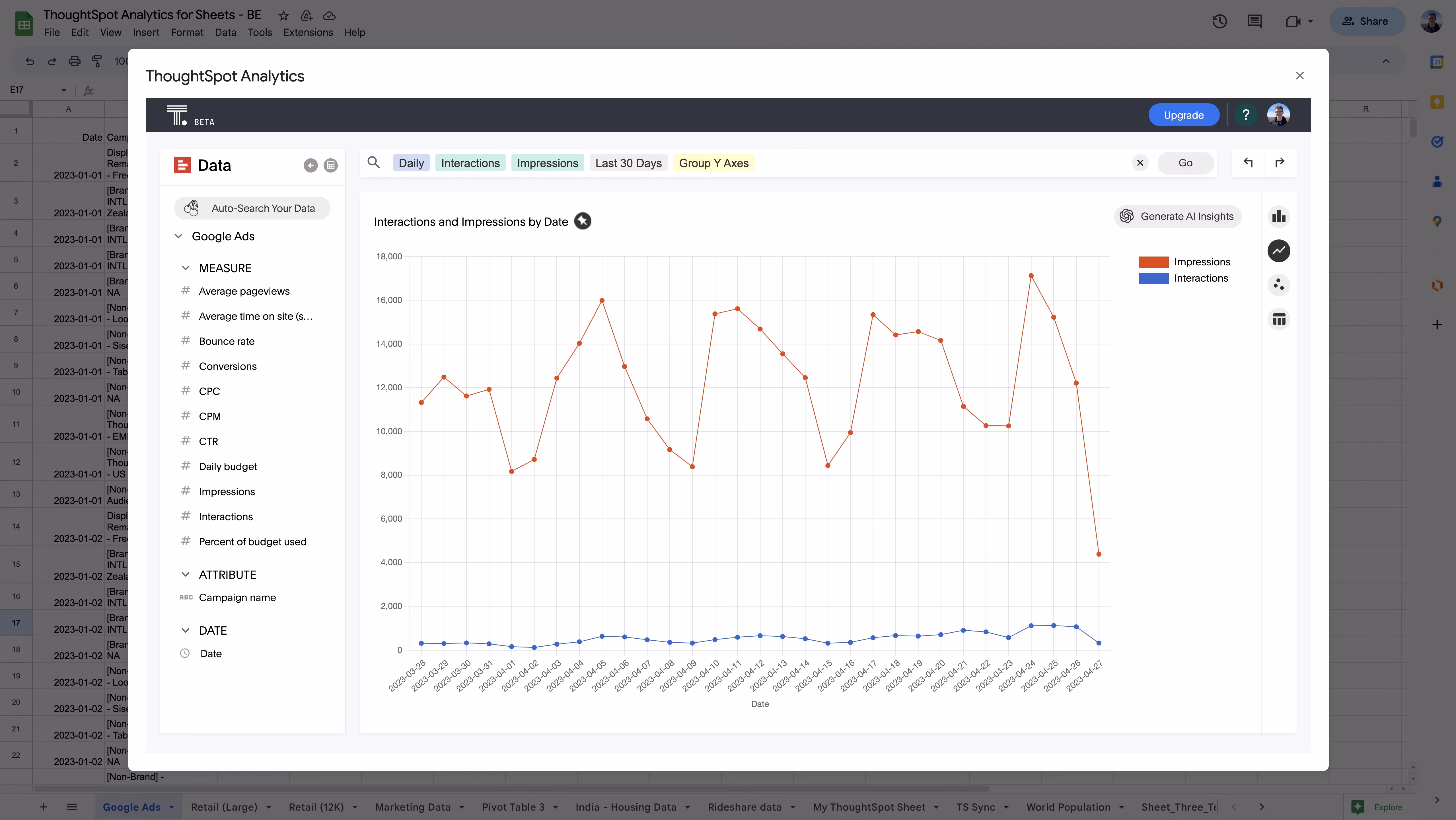Product screenshot showing ThoughtSpot for Sheets group axis