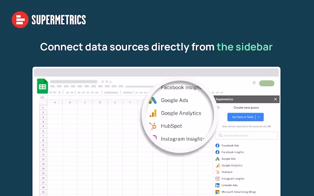 Product screenshot from google marketplace showing how to use supermetrics in google sheets