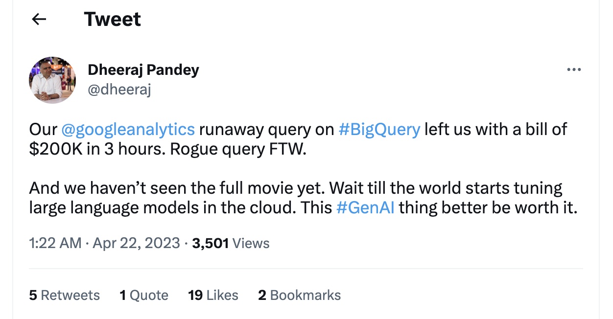 A Tweet showing example of how bad cloud cost management can ruine your entire budget.